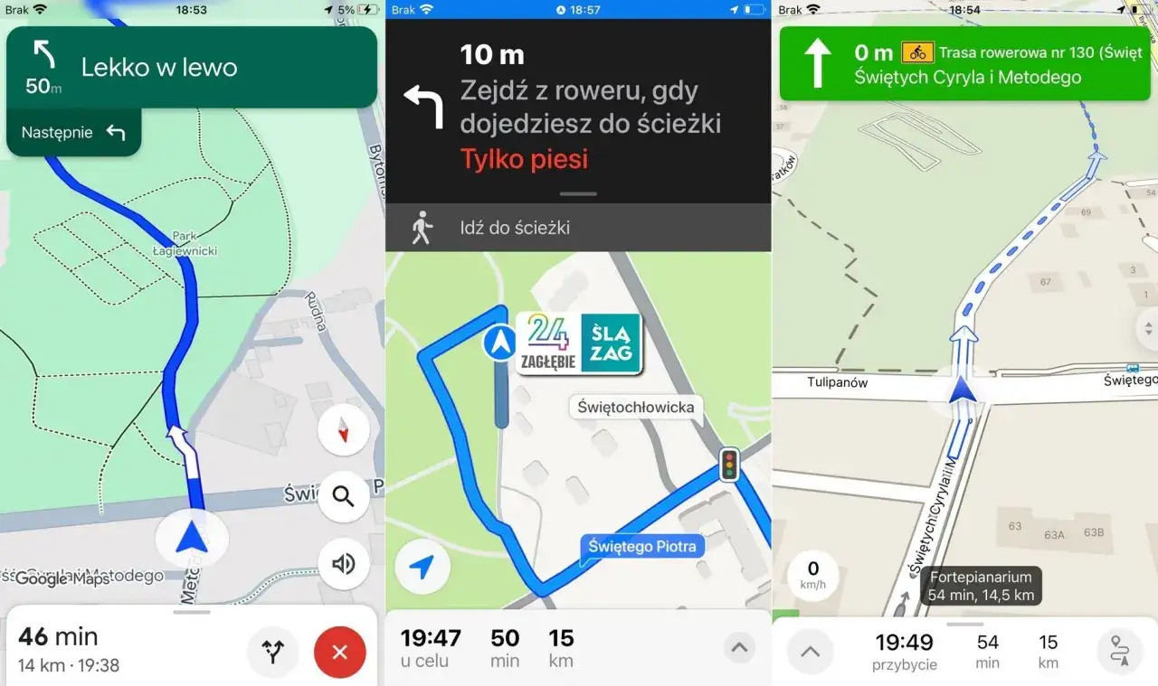 Porównanie interfejsów aplikacji do planowania tras rowerowych (Komoot, Google Maps, Mapy.cz)