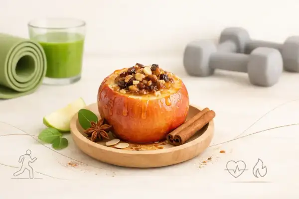 Pyszne, pieczone jabłka dietetyczne z bakaliami, obok zielonego smoothie i hantli. Idealne dla aktywnych!