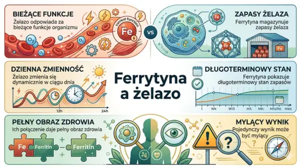 Ferrytyna co to? Wykresy pokazują funkcje żelaza, jego dzienne wahania, zapasy magazynowane przez ferrytynę i długoterminowy stan.