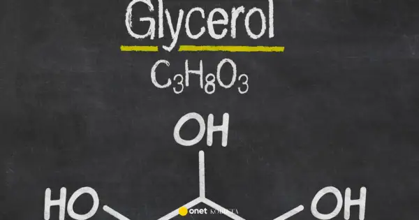 Struktura chemiczna glicerolu: C₃H₈O₃ z trzema grupami hydroksylowymi (OH).