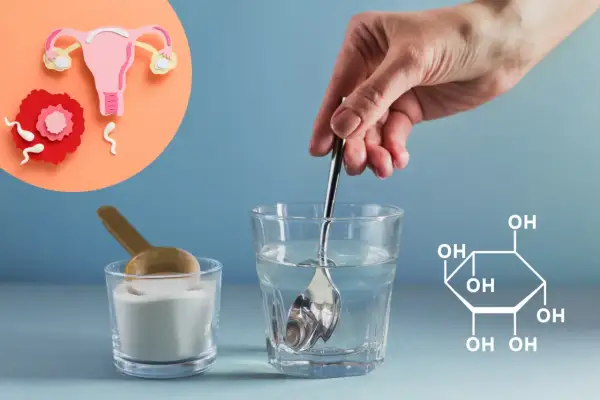 Rozpuszczanie proszku inozytolu w wodzie. Grafika przedstawia układ rozrodczy i wzór chemiczny inozytolu. Inozytol co to?