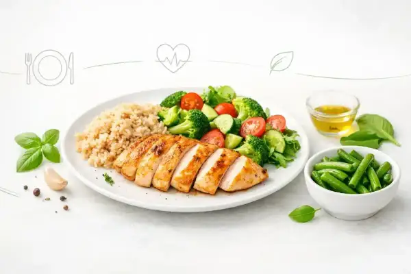 Lekkostrawny obiad: grillowana pierś kurczaka, brązowy ryż, sałatka z brokułów i pomidorów, fasolka szparagowa. Zdrowo i smacznie!