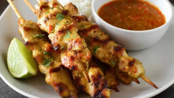 Aksamitne satay z kurczaka na patyczkach, podane z orzechowym sosem, ryżem i ćwiartką limonki.
