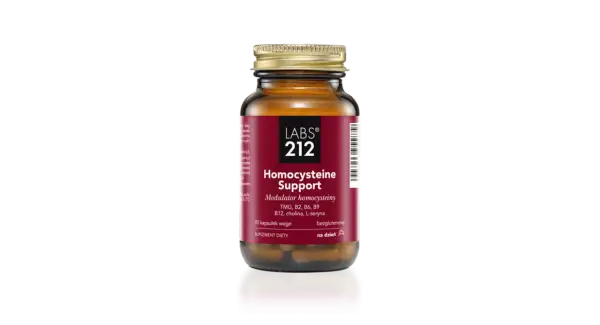 Suplement diety "Homocysteine Support" od LABS 212, zawierający TMG, witaminy z grupy B i cholinę, pomaga obniżyć homocysteine.