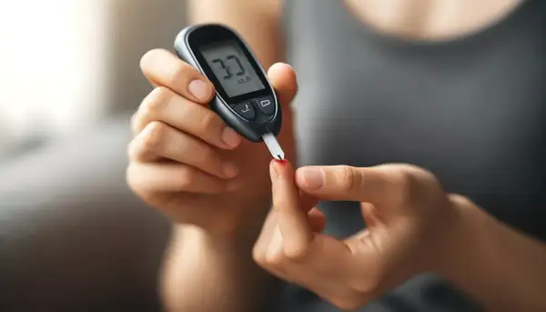 Osoba mierzy poziom glukozy glukometrem. Wynik 3.3 mmol/L sugeruje lekko podwyższony cukier na czczo.