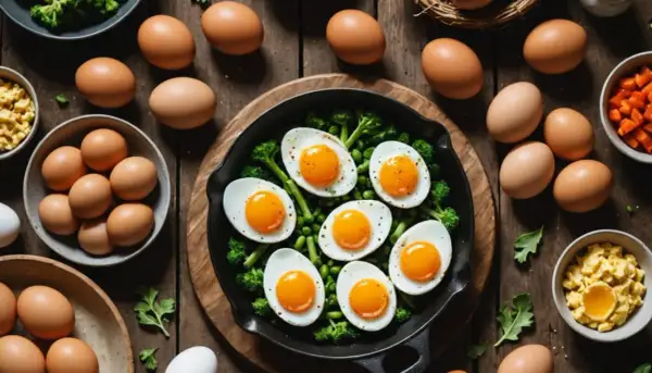 Jajka na talerzu z brokułami i groszkiem. Wokół surowe jajka, miseczki z jedzeniem. Czy jajka a cholesterol to mit?