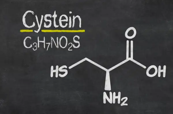 Struktura L-cysteiny (C3H7NO2S) i jej potencjalna szkodliwość.