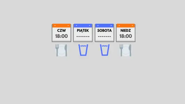 Czwartek, piątek, sobota i niedziela, każdy dzień o 18:00 to czas na posiłek. Post 24 godzinny.