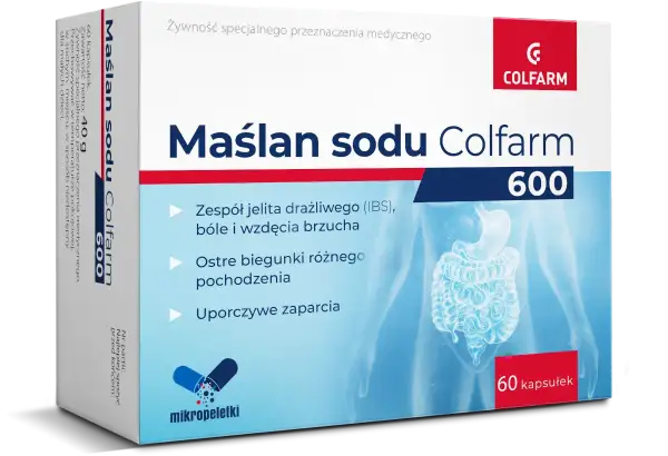 Maślan sodu Colfarm 600 – wybór dla jelit. Pomaga przy IBS, biegunkach i zaparciach. Opakowanie 60 kapsułek.