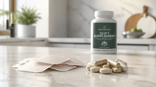Na blacie kuchennym leżą plastry i suplementy diety Naturecan GLP-1.