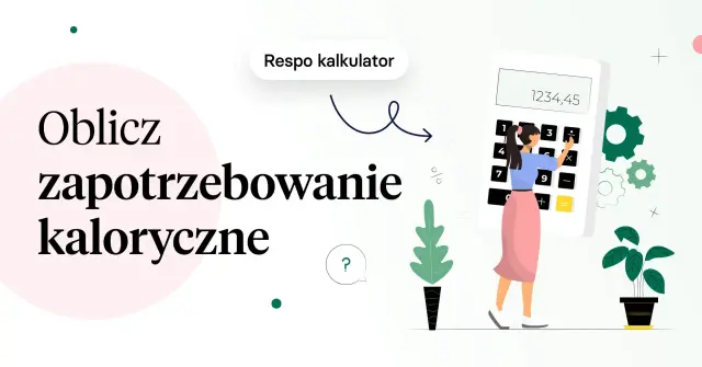 Grafika ilustruje, jak obliczyć zapotrzebowanie kaloryczne za pomocą kalkulatora. Kobieta wpisuje dane na klawiaturze.