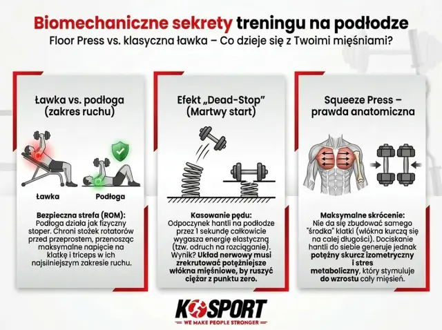 Porównanie ćwiczeń na klatkę: Floor Press vs. ławka. Grafika pokazuje biomechanikę ruchu, zakresy i efekty treningowe.